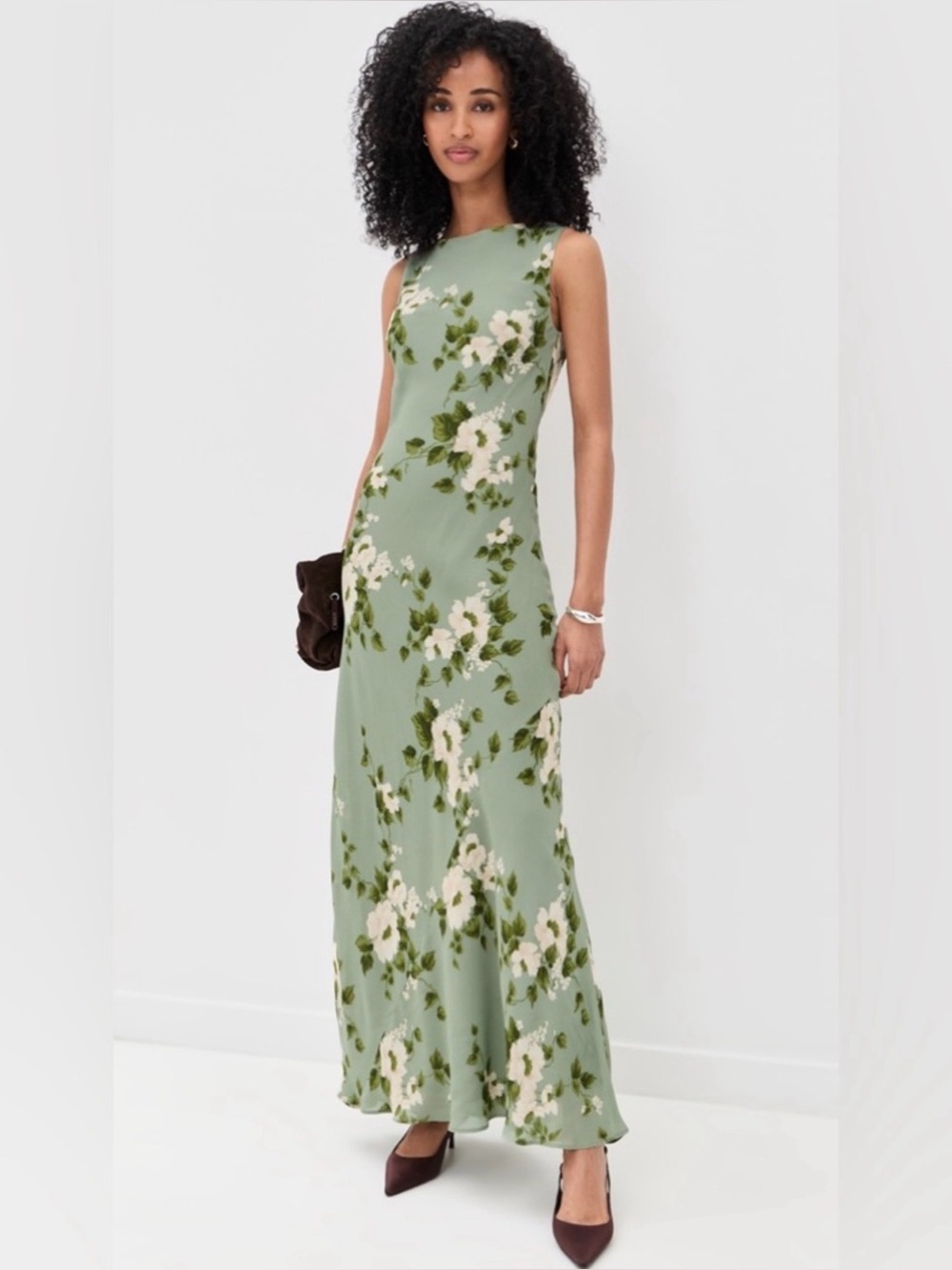 NEW Reformation Prescott Sleeveless Sage Green Floral Maxi Dress, Small